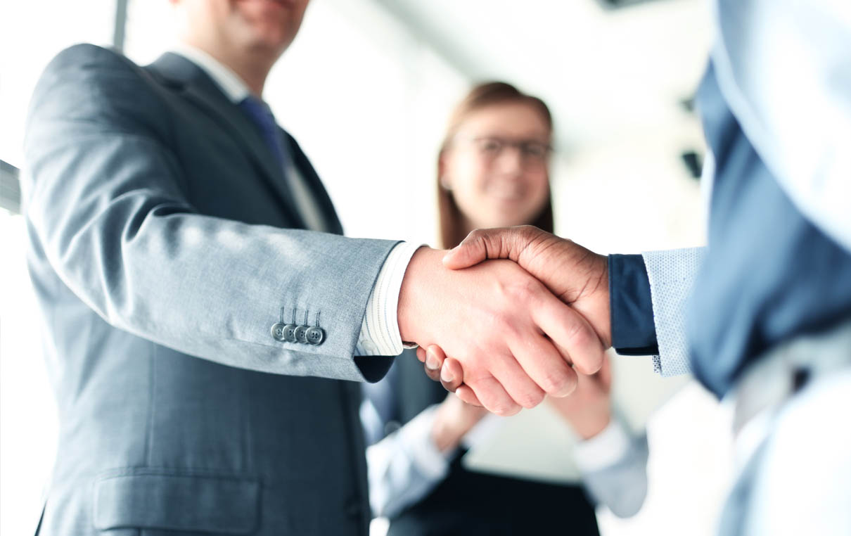 two business professional men shaking hands in an agreement 