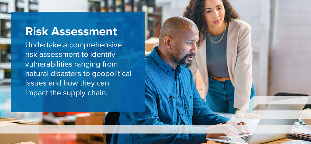 risk assessment identifies vulnerabilities from natural disasters to geopolitical issues impacting supply chain infographic 
