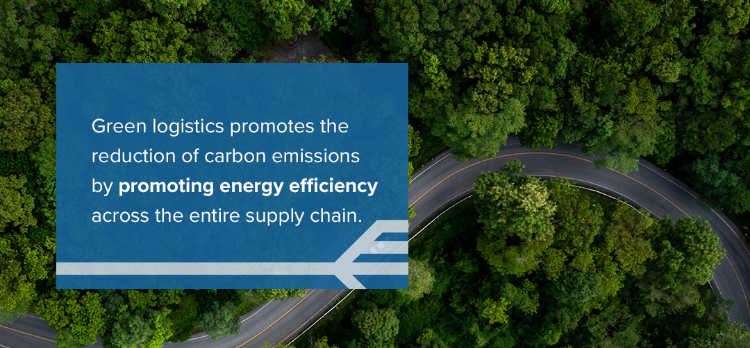 green logistics promotes the reduction of carbon emissions by promoting energy efficiency graphic on trees and road 