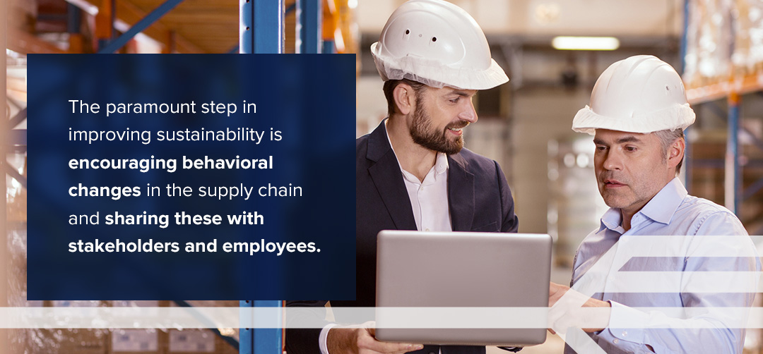 how to improve supply chain sustainability information card with men discussing in hardhats