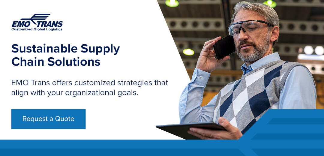 sustainable supply chain solutions emo trans offers customized strategies infographic that displays a man on the phone 