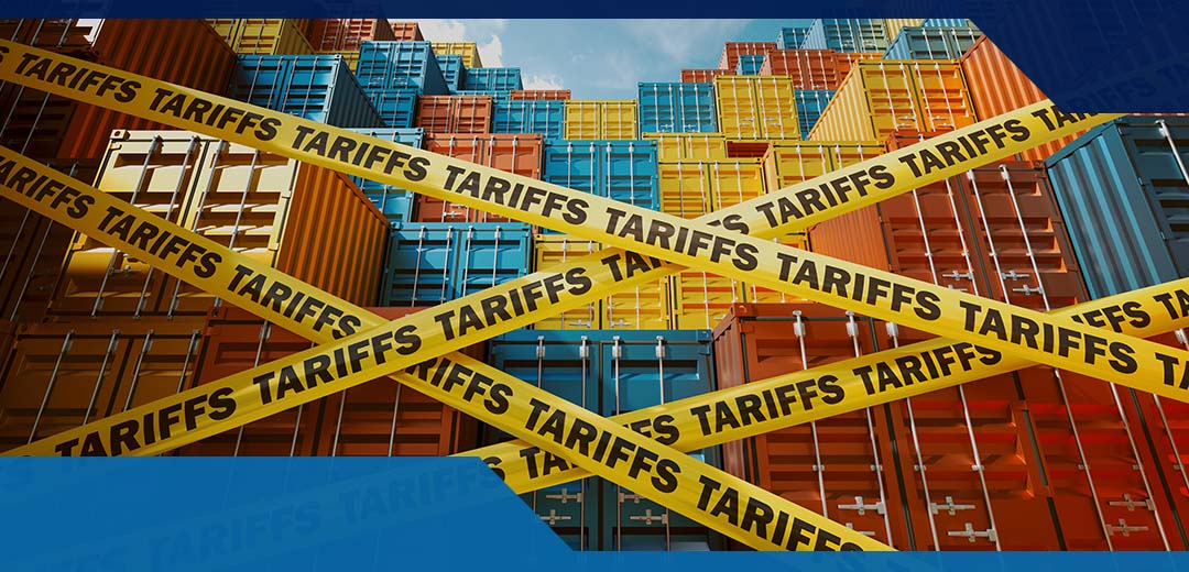 Piles of cargo containers with yellow caution tape that reads "tariffs"