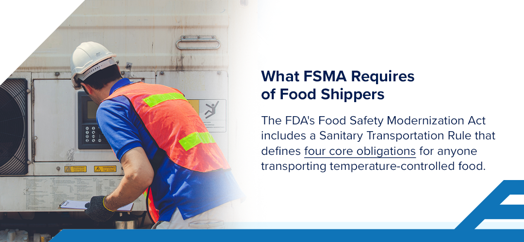 Food safety worker inspecting shipping case. Text explanation includes that FSMA includes a sanitary transportation rule that defines four core obligations.
