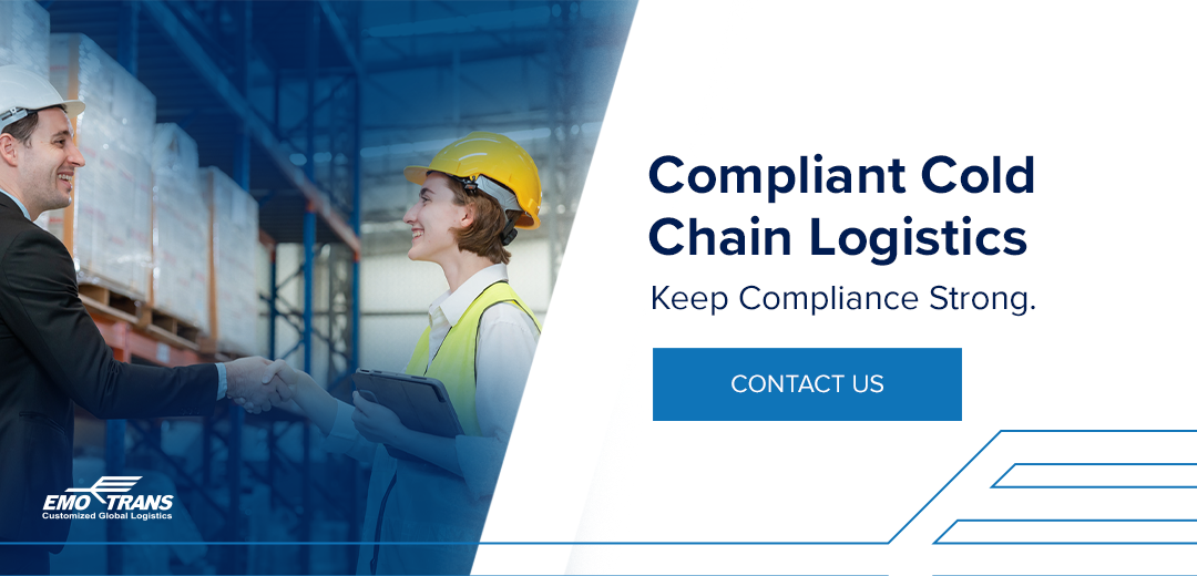 Workers shaking hands, text indicating compliant cold chain logistics.